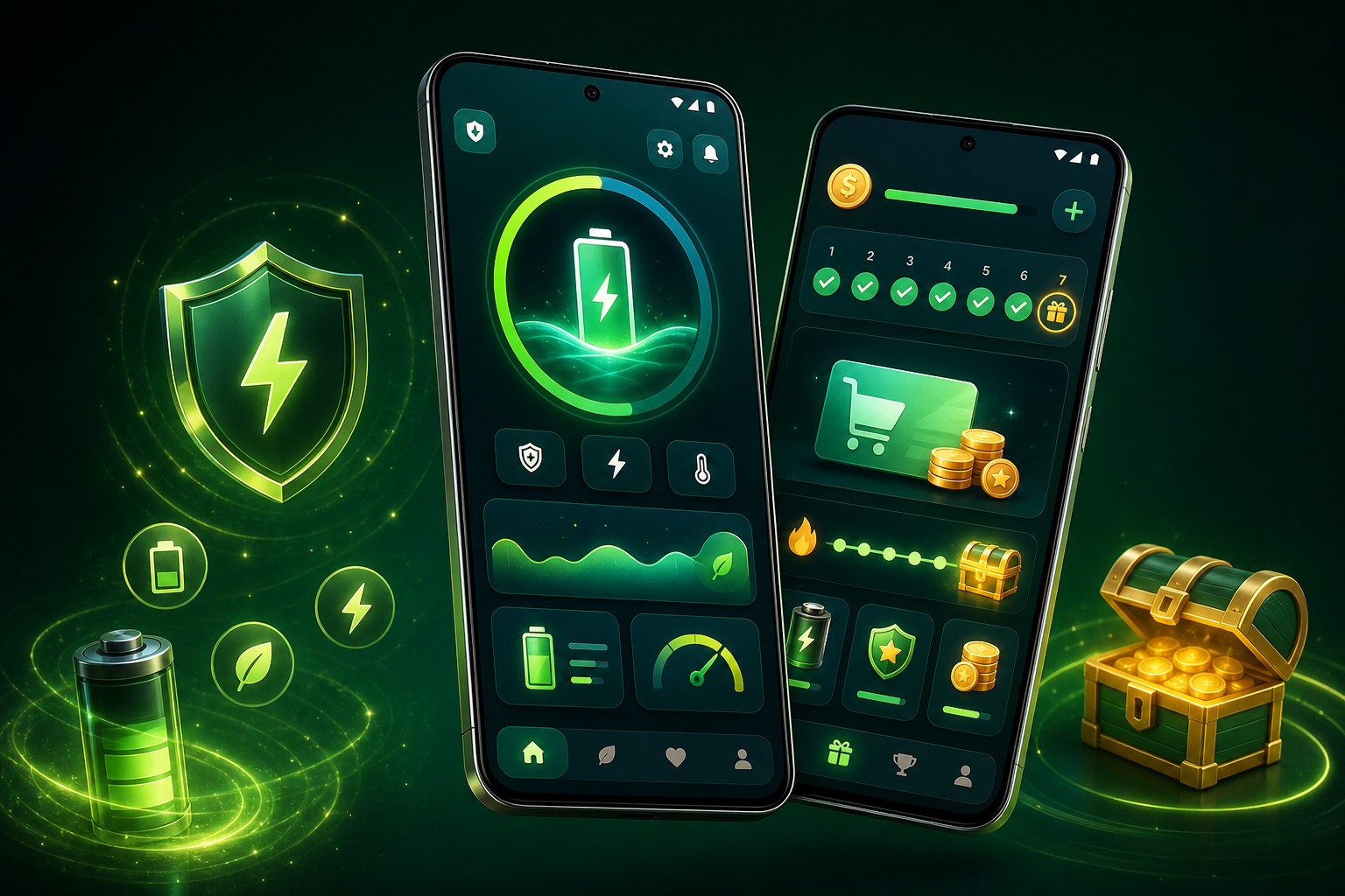Dos celulares Android con interfaz de batería, racha de 7 días y cofre de recompensas